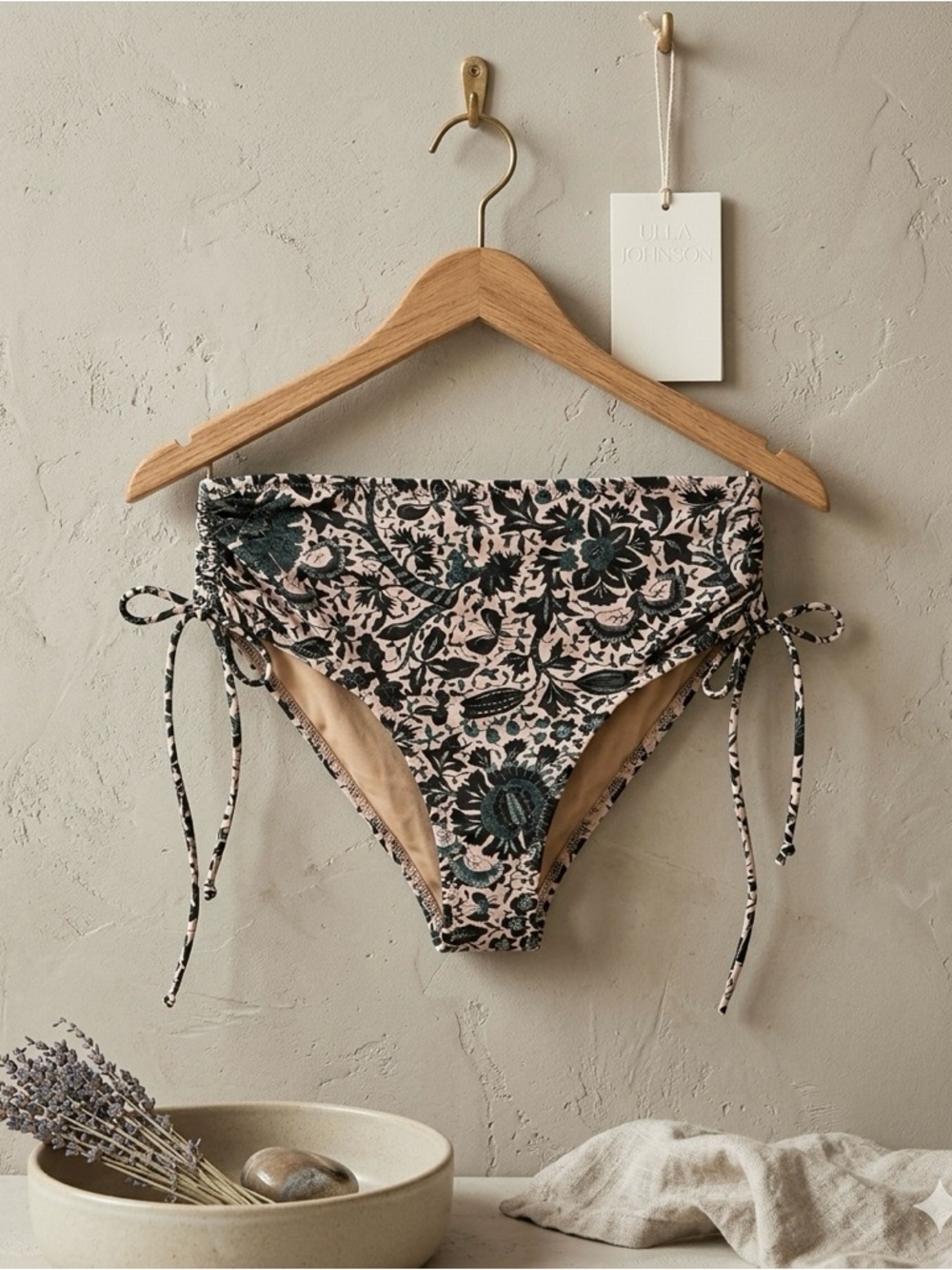 Ulla Johnson Lyria High Rise Ruched Bikini Bottom Agave Green Floral NWT P XS